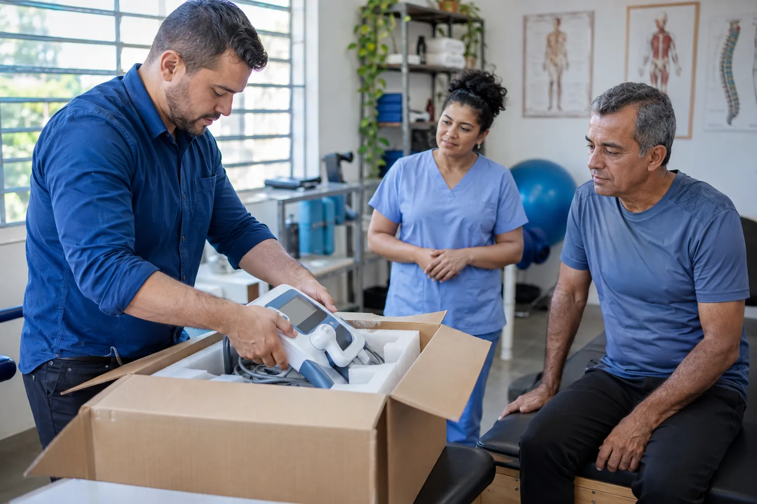 Representante comercial desembala um equipamento para o cliente testar em demonstração