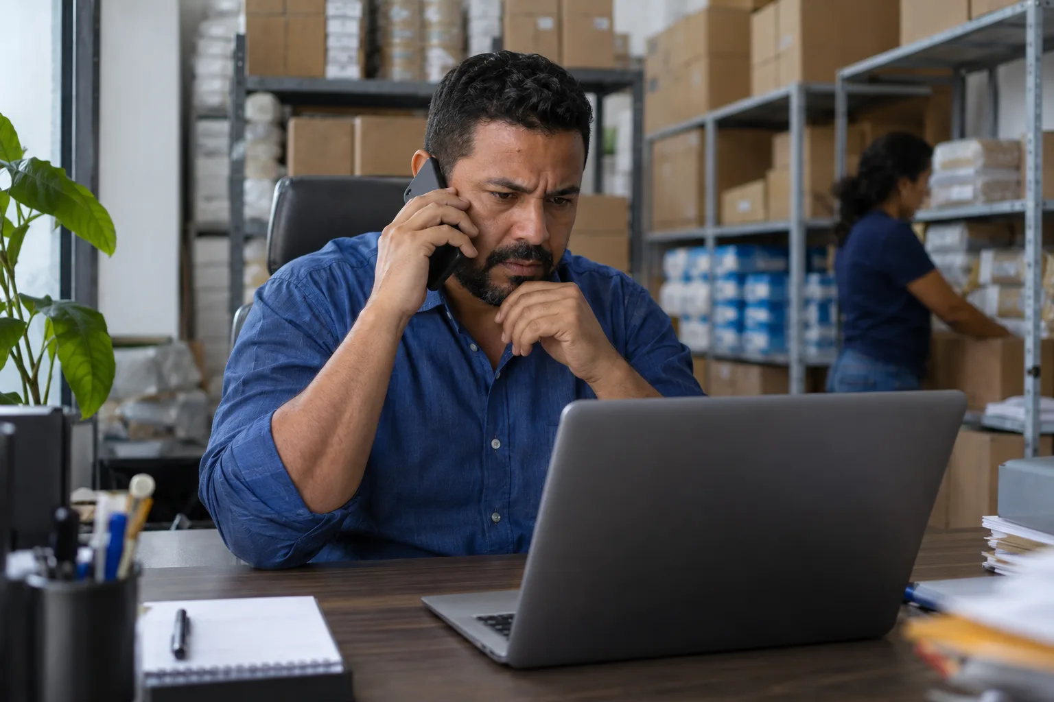 Dono de uma distribuidora ao telefone olha preocupado para o notebook no escritório, com estoque ao fundo