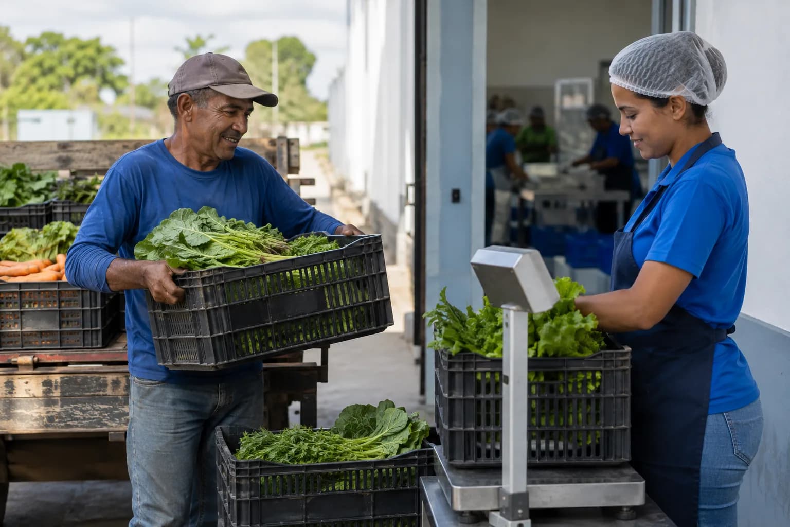 Pequeno produtor descarrega caixas de verduras na entrada de uma agroindústria enquanto funcionária pesa a mercadoria