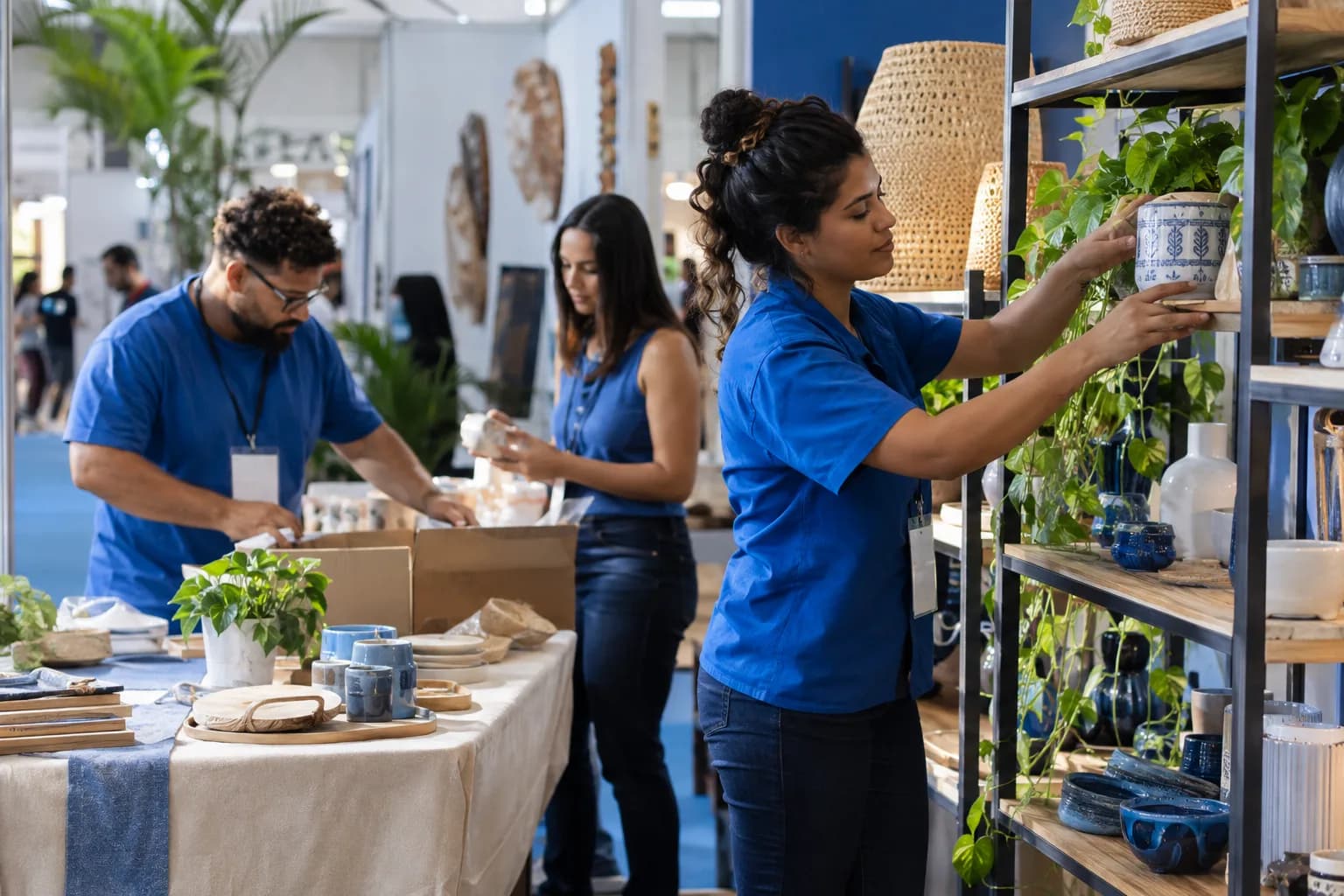 Equipe de pequena fábrica monta o estande com produtos expostos em uma feira de negócios