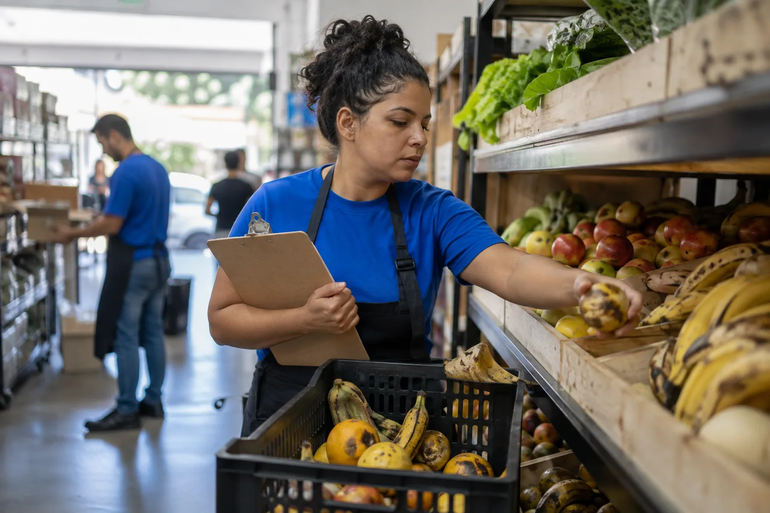 Repositora de supermercado retira frutas estragadas da gôndola e anota a perda na prancheta