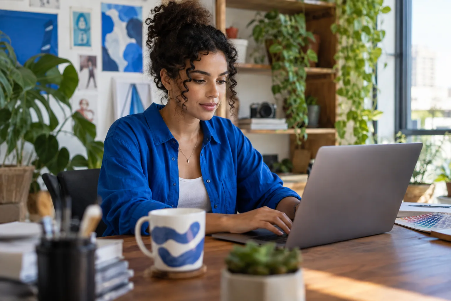 Designer microempreendedora preenche um formulário no notebook em seu estúdio para emitir a nota de serviço