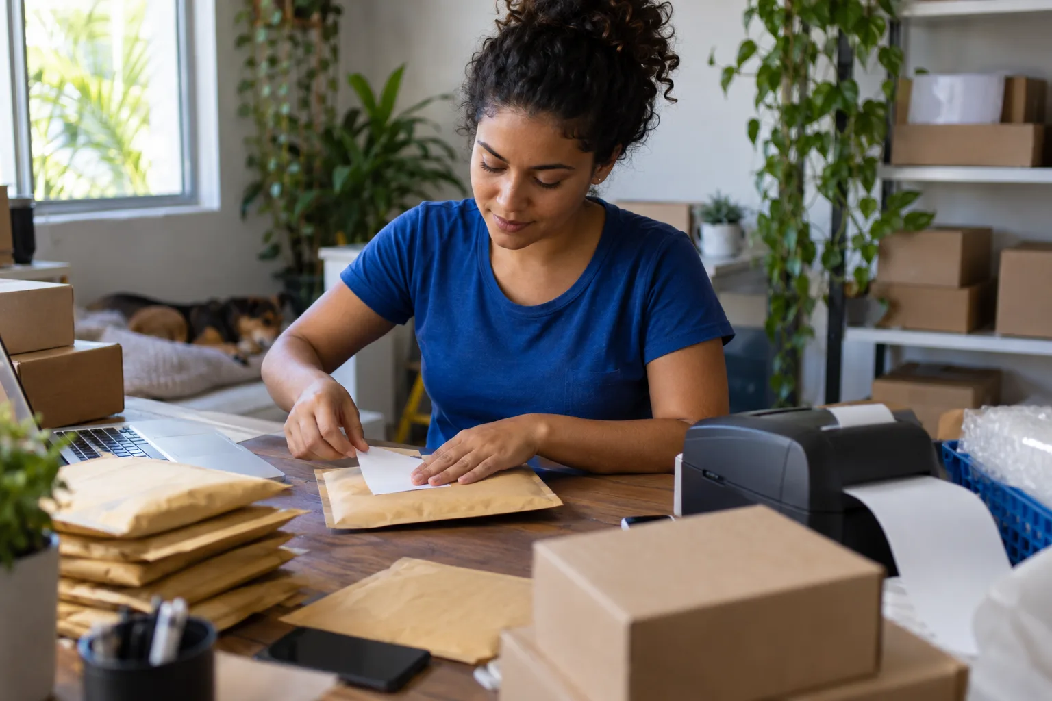 Vendedora online embala pedidos em envelopes na bancada de casa ao lado de uma impressora de etiquetas