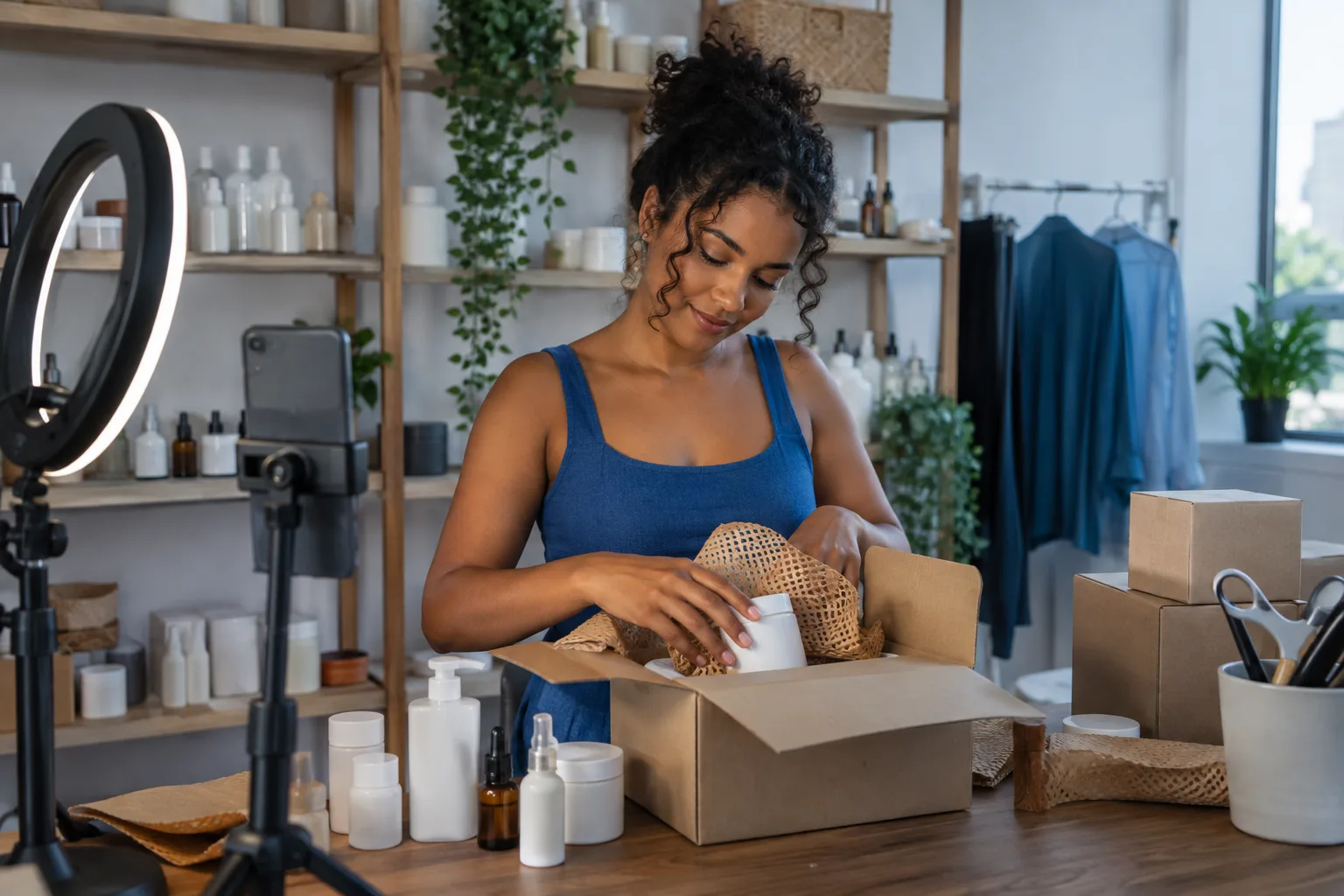 Empreendedora embala um pedido de cosméticos em caixa de papelão no estúdio de casa, com celular no tripé e ring light