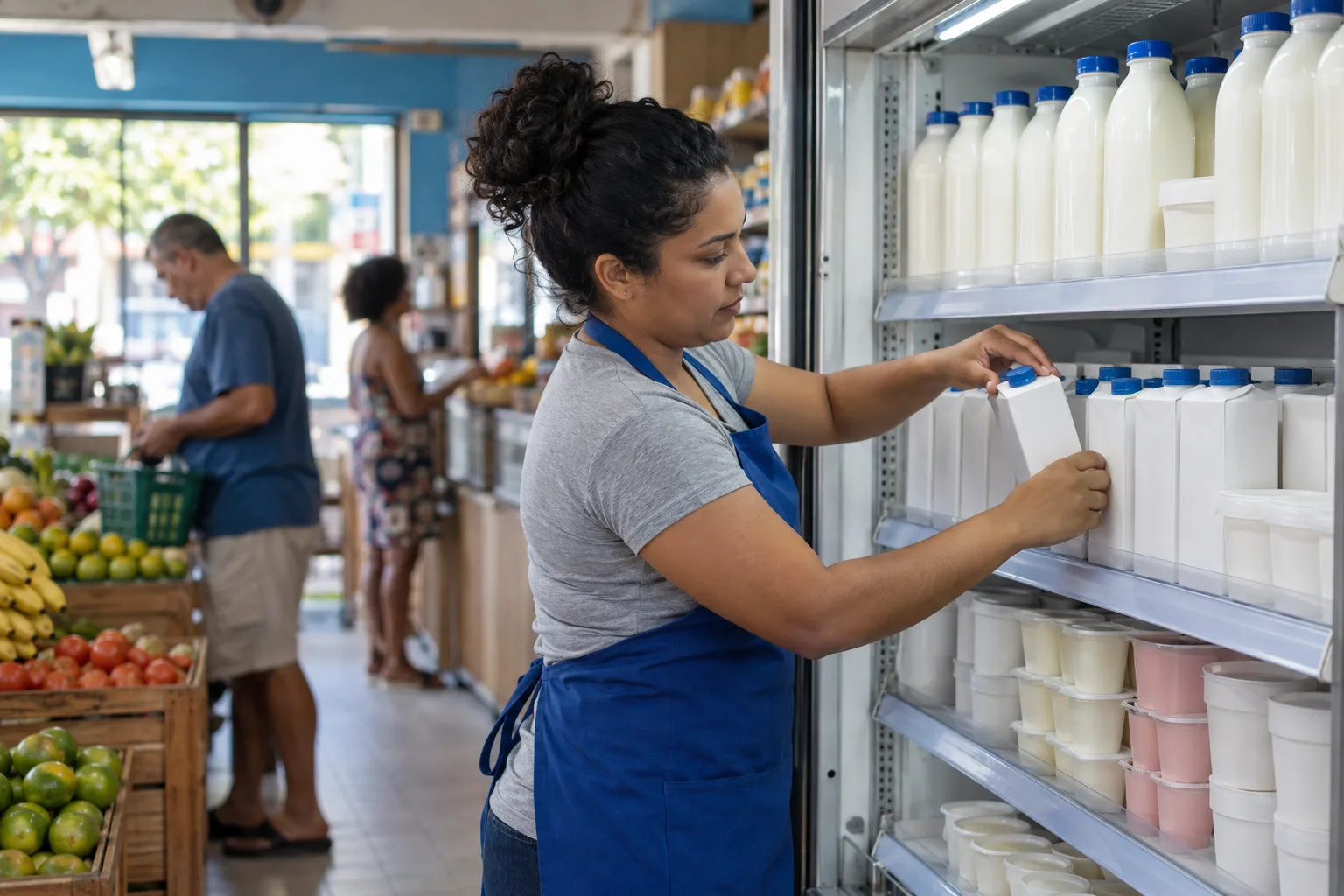 Repositora de um minimercado organiza caixas de leite e iogurtes na geladeira, trazendo os mais antigos para a frente