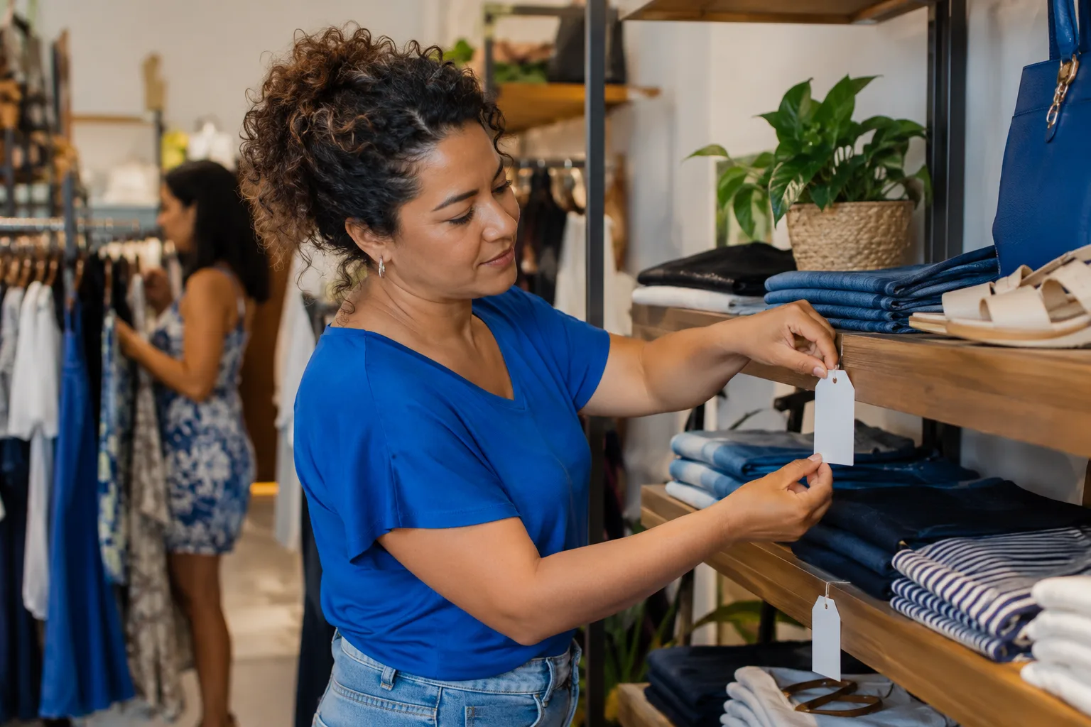 Dona de loja de roupas troca etiquetas de preço nas prateleiras antes da promoção