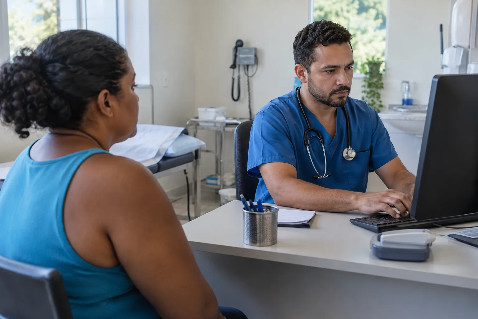 Médico digita no computador durante a consulta enquanto a paciente está sentada do outro lado da mesa