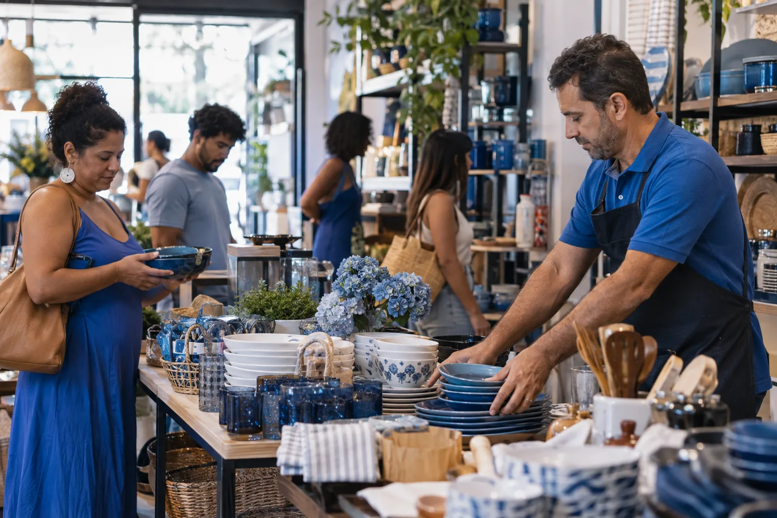 Dona de loja de utilidades organiza mesa de queima de estoque com clientes ao fundo