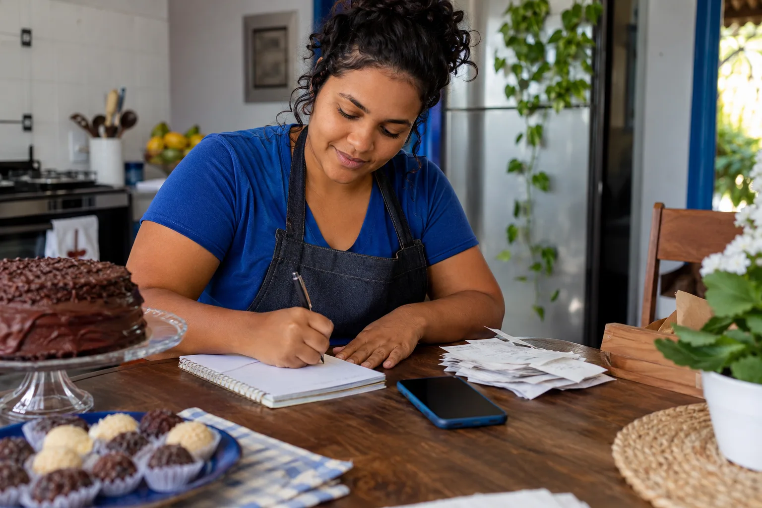 Microempreendedora que vende bolos anota o total de vendas do mês em um caderno na mesa da cozinha