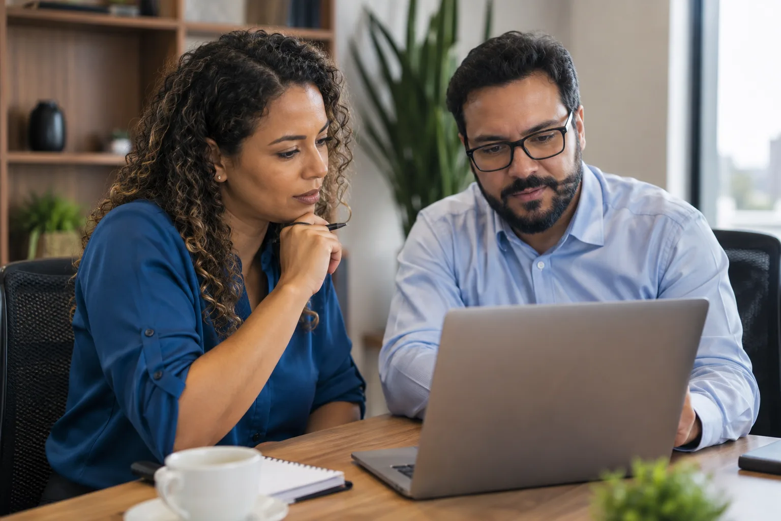 Prestadora de serviço e gestor da empresa cliente conferem juntos uma nota de serviço no notebook