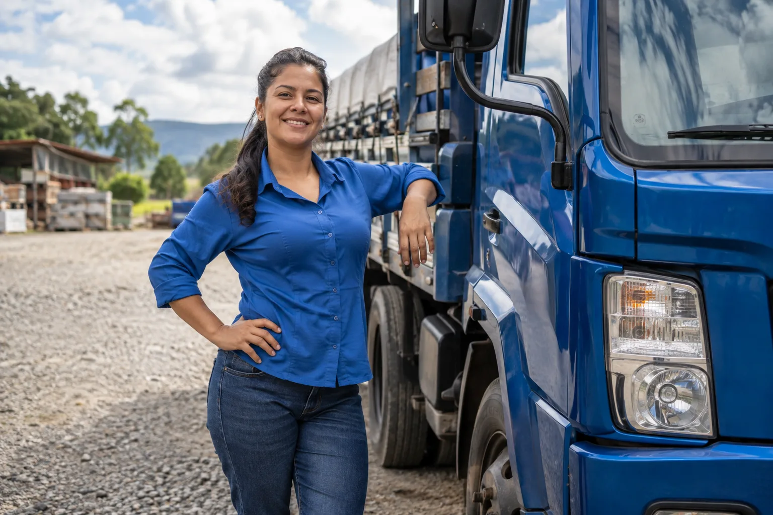 Dona de uma transportadora pequena posa ao lado do seu caminhão azul num pátio de cascalho