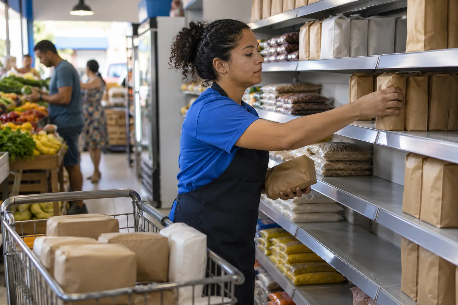 Funcionária repõe prateleira vazia em mercado de bairro antes da Black Friday