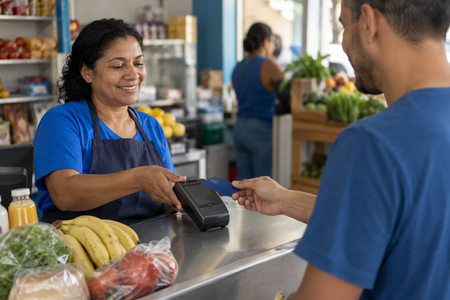 Operadora de caixa de um mercadinho de bairro recebe pagamento com cartão na maquininha do balcão