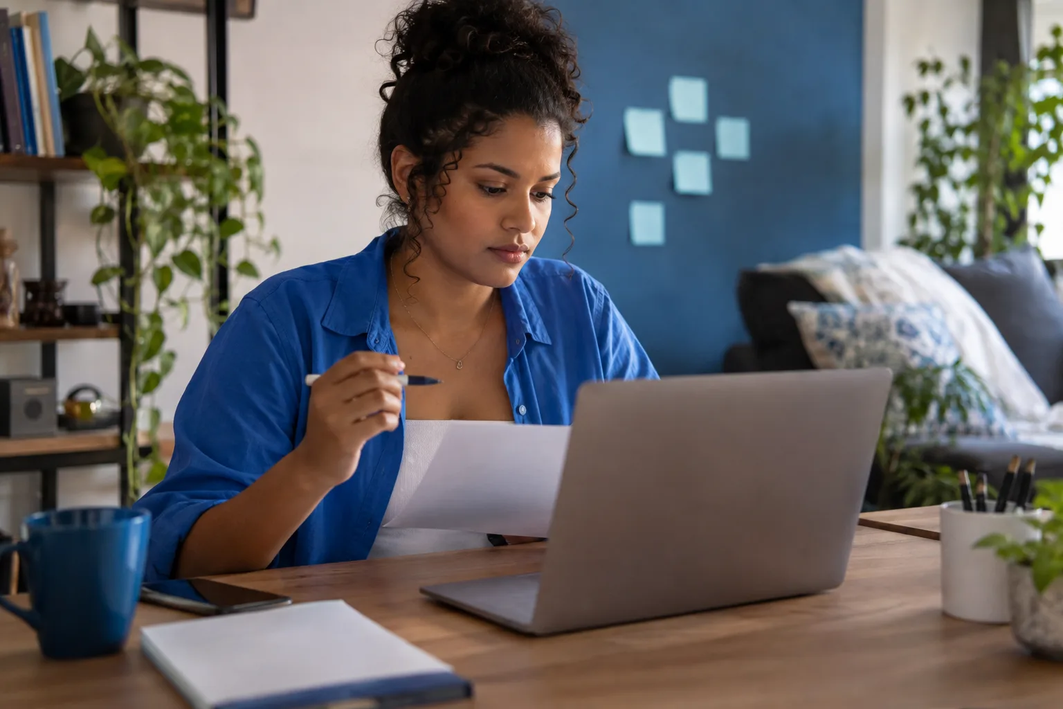Designer autônoma corrige nota fiscal de serviço no notebook