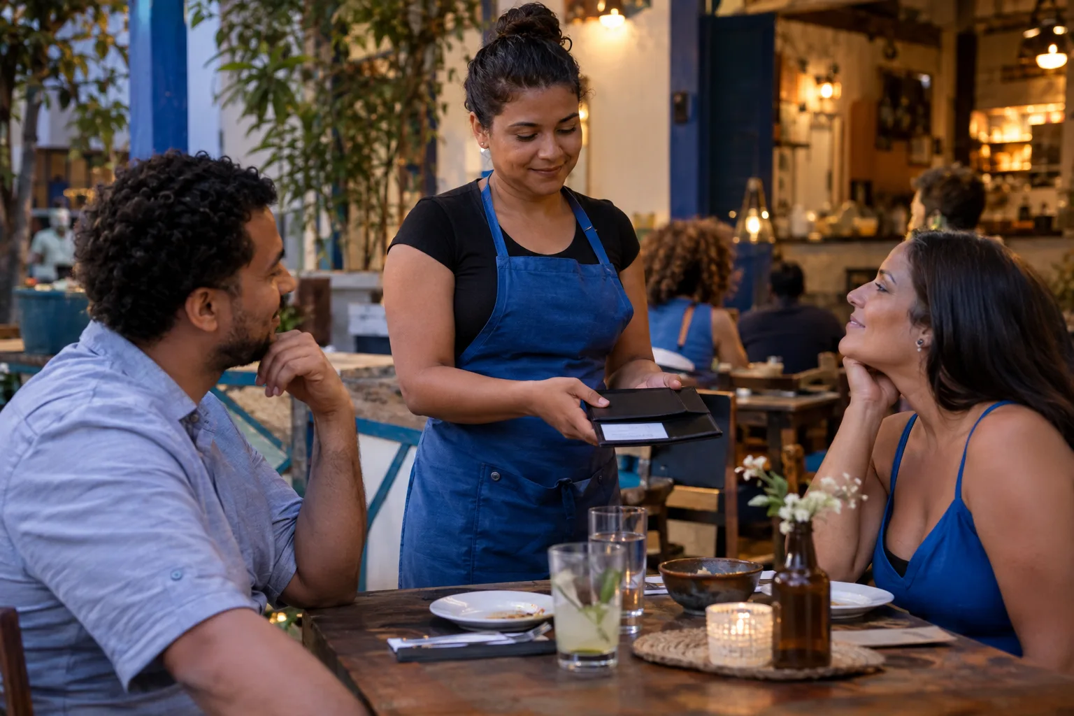 Garçonete apresenta a conta a um casal à mesa de um restaurante à noite