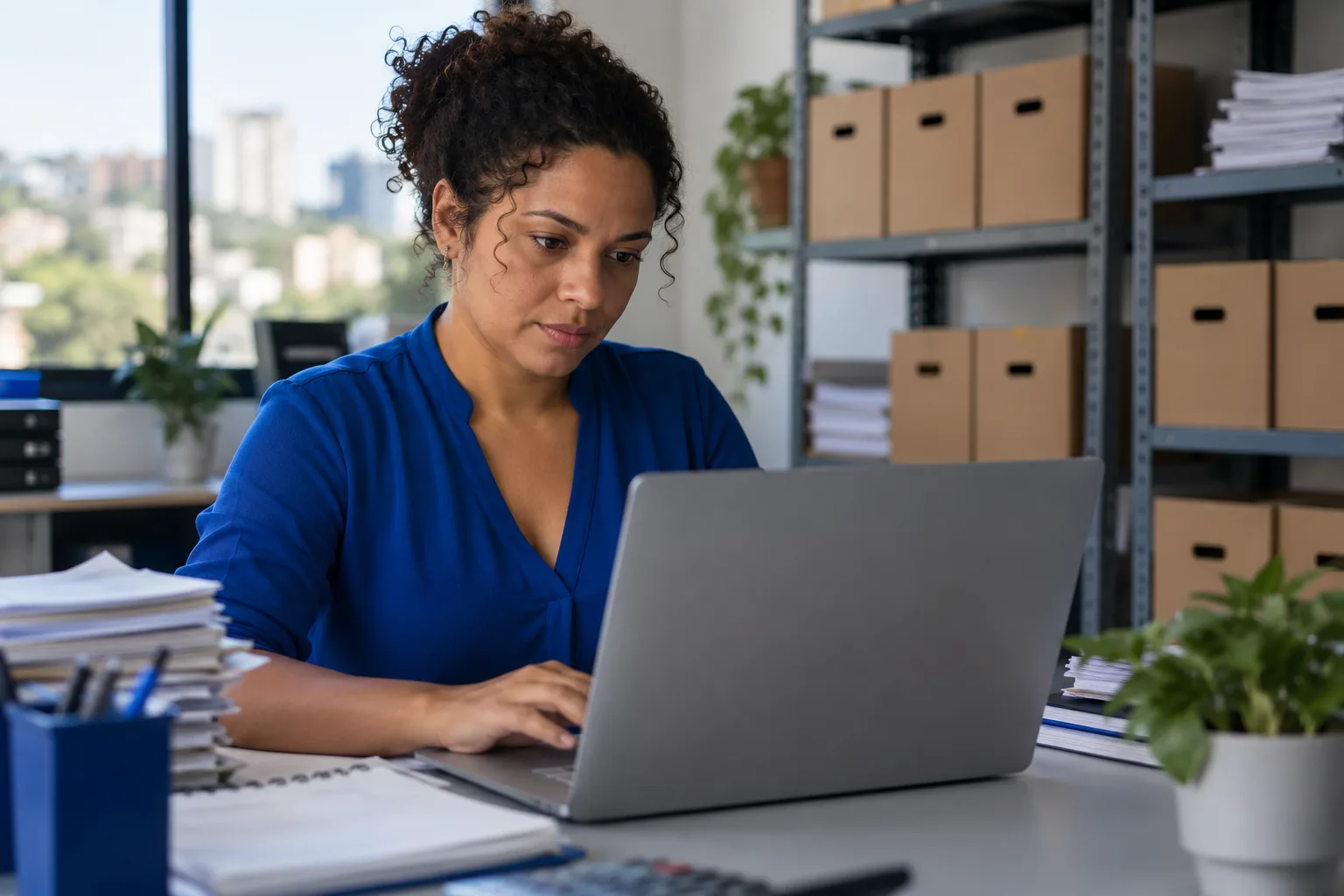 Contadora organiza arquivos digitais no notebook em escritório de contabilidade